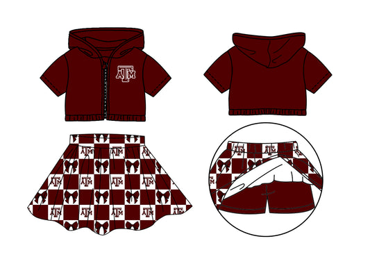 CUSTOM MOQ 5 Kids Clothing for Girls Baby Girls Dark Red T Bow Hoodie Top Skirt Team Clothes Sets