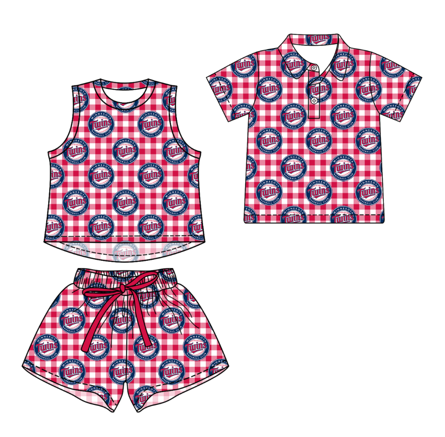 3.14 CUSTOM MOQ 5 Sibling Boys Baby Girls Summer Fashion Red Check Sleeveless Top Shorts Button Polo Shirts Team Clothes Sets