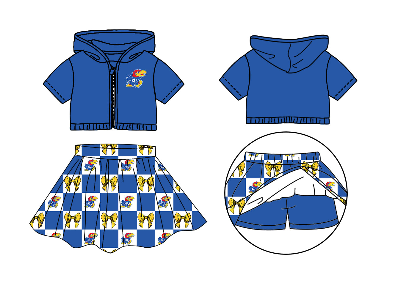 CUSTOM MOQ 5 Sibing Kids Clothing for Girls Baby Girls Blue Bow Top Skirts Yoga Active Team Clothes Sets Knee Length Dress Shorts