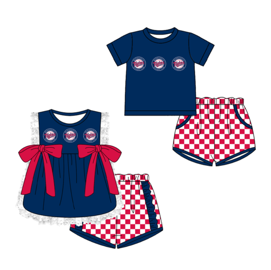 CUSTOM MOQ 5 Cute Comfortable Clothing For Kids Sibling Boys Baby Girls Summer Blue Bow Top Red Checked Shorts Team Clothes Sets
