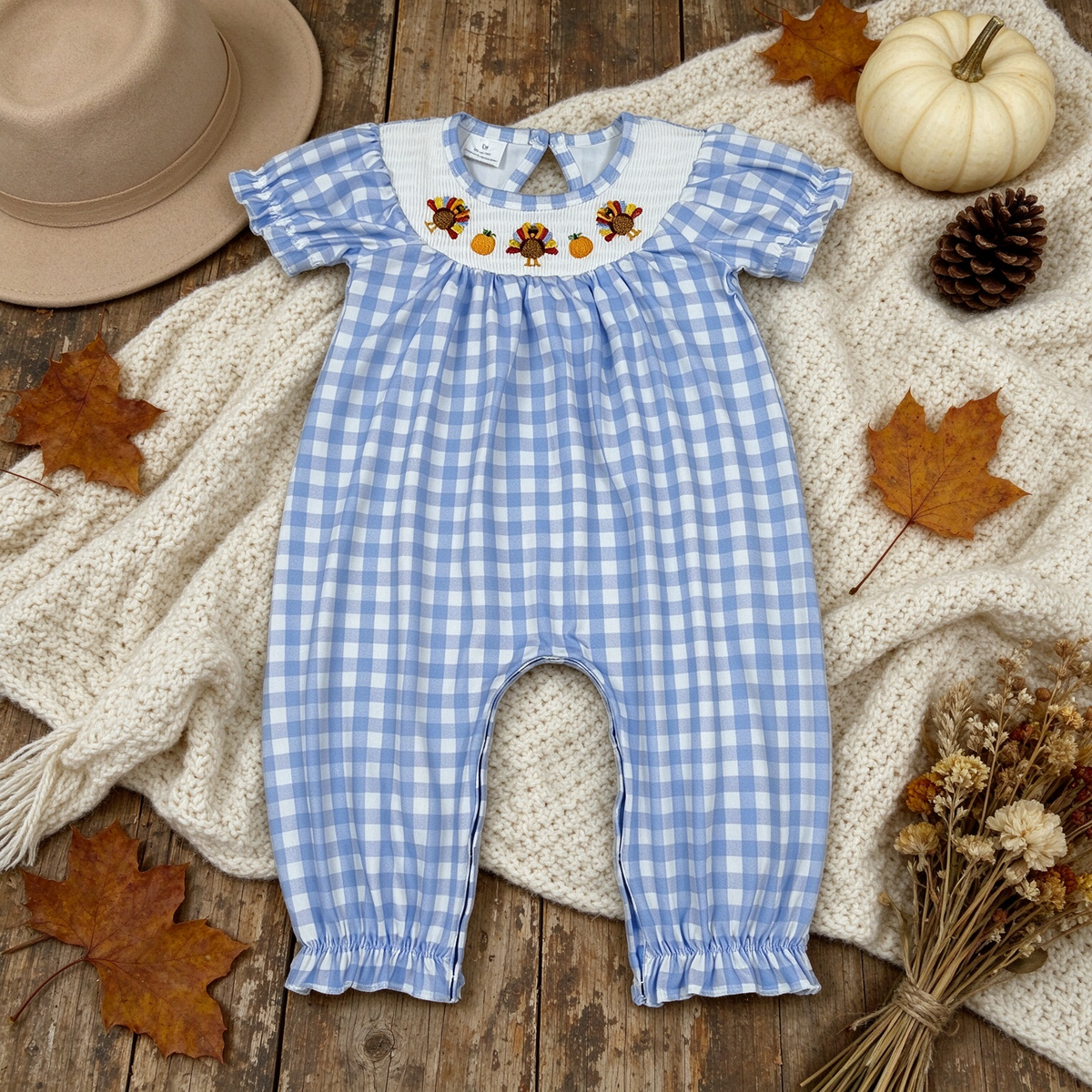 RTS NO MOQ （In stock） milk silk SR4276 Smocked Baby Girls Short Sleeve Turkey Pumpkins Thanksgiving Print Checked Rompers Holiday Rompers