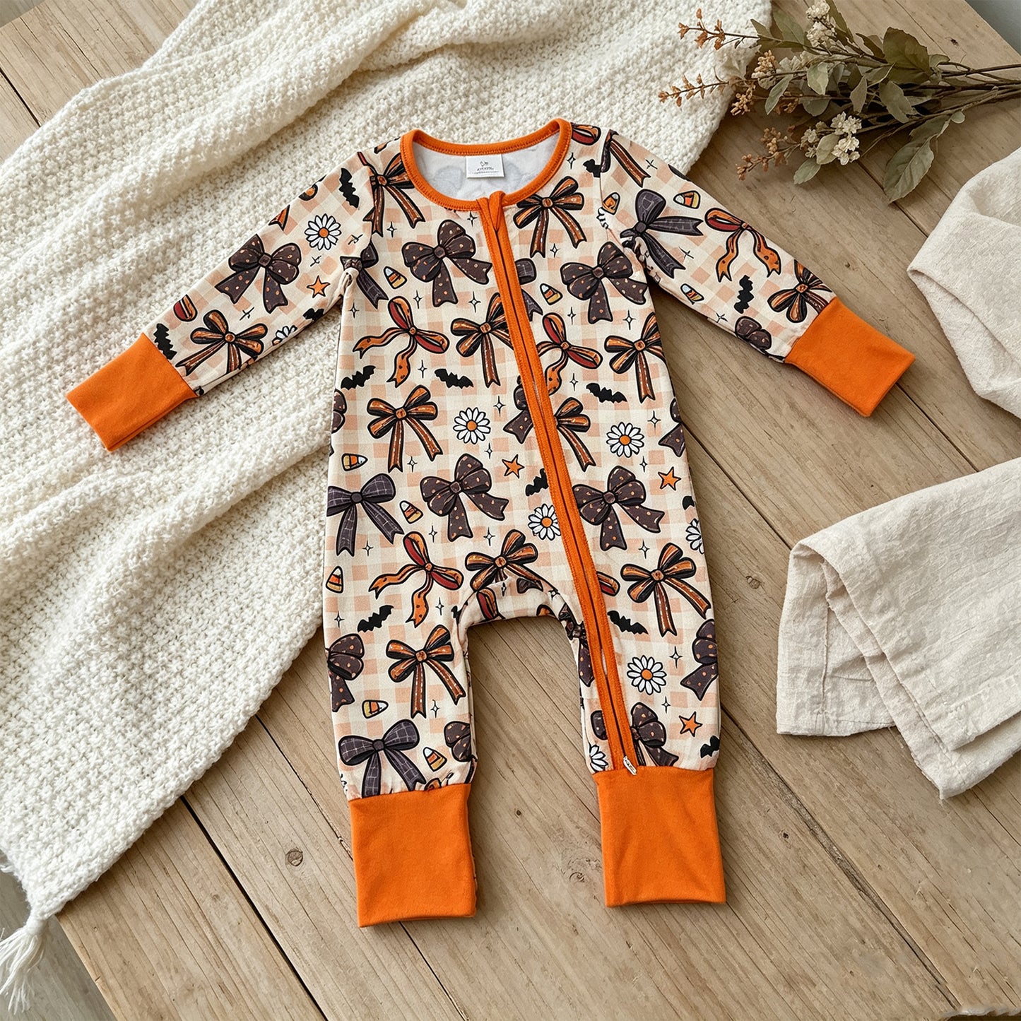 RTS NO MOQ milk silk LR3161 Baby Girls Halloween Bow Floral Print Two Way Zip Front Convertible Romper
