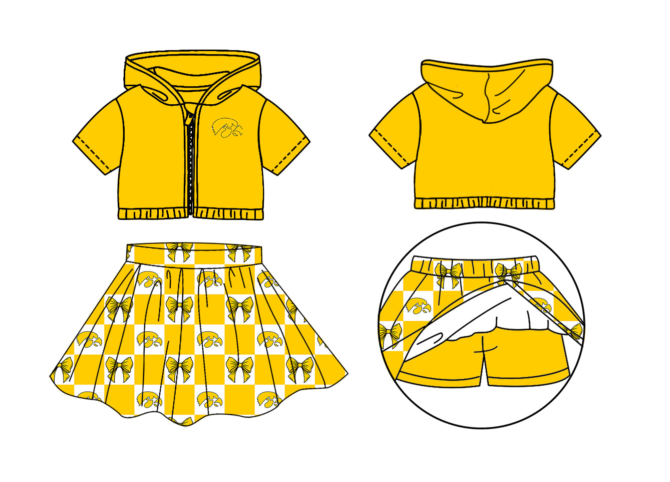 CUSTOM MOQ 5 Sibing Kids Clothing for Girls Baby Girls Yellow Bow Top Skirts Yoga Active Team Clothes Sets Knee Length Dress Shorts