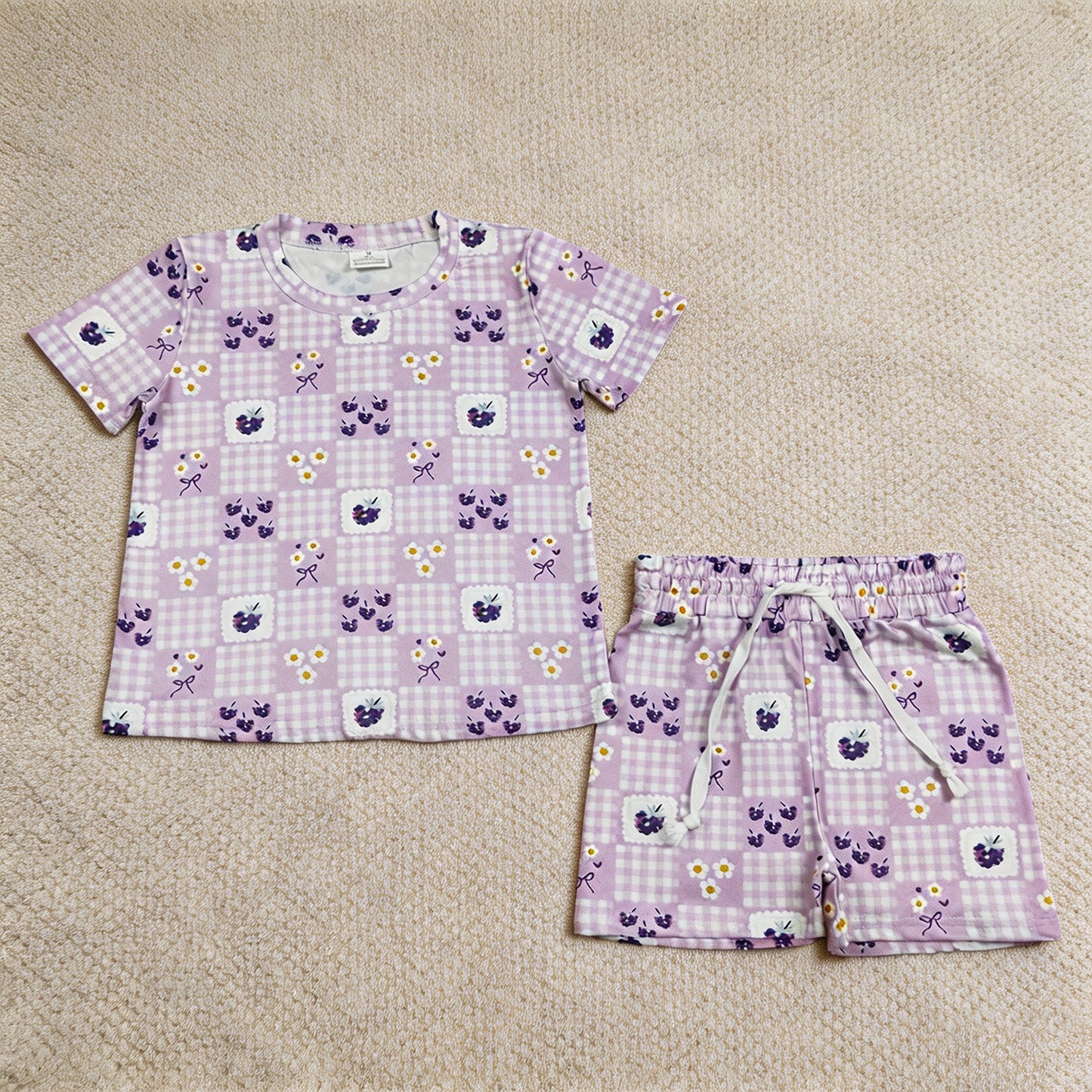 GSSO3647  RTS NO MOQ （In stock ） No Moq Baby Girls Purple Checked Flowers Top Short Clothes Set