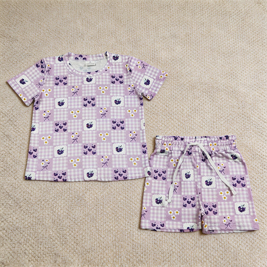 GSSO3647  RTS NO MOQ （In stock ） No Moq Baby Girls Purple Checked Flowers Top Short Clothes Set