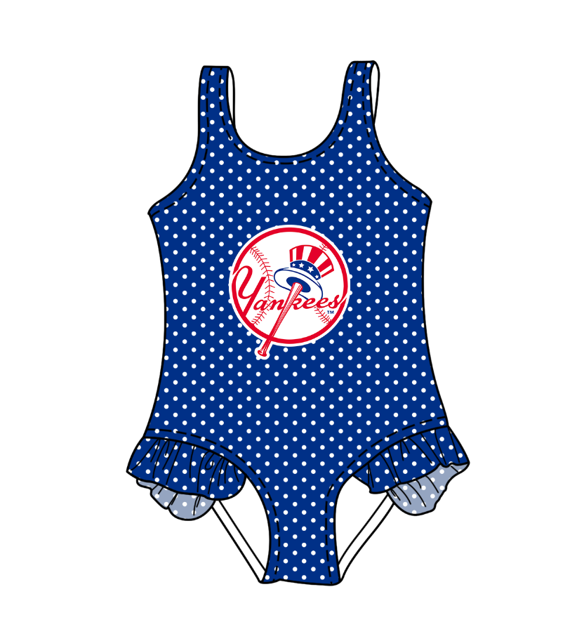 CUSTOM MOQ 5 Cute Comfortable Clothing For Kids Baby Girls Blue Polka Dots Ruffle Team One Piece Swimsuits