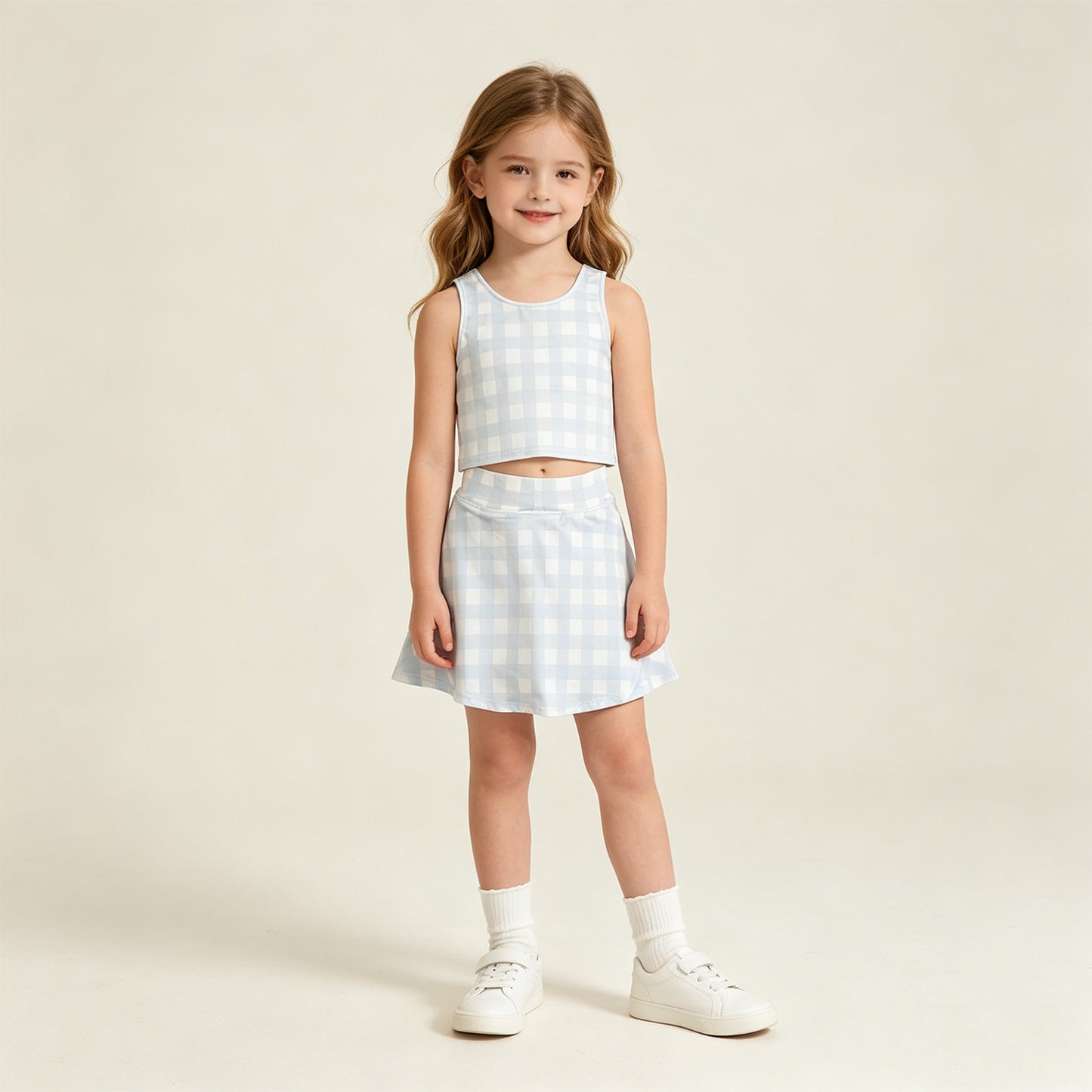 GSD3839 RTS NO MOQ （In stock ）Sleeveless sky blue plaid crop top skirt kids girls active set