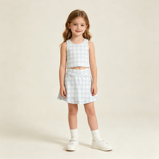 GSD3839 RTS NO MOQ （In stock ）Sleeveless sky blue plaid crop top skirt kids girls active set