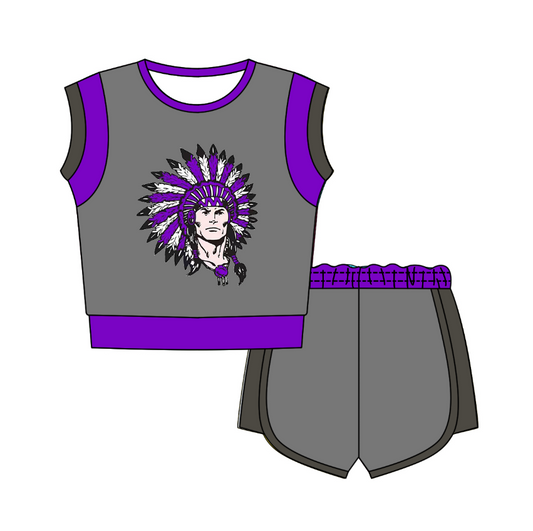 CUSTOM MOQ 5 Cute Comfortable Clothing For Kids Baby Kids Summer Grey Purple Sleeveless Patchwork Top Shorts Clothes Sets