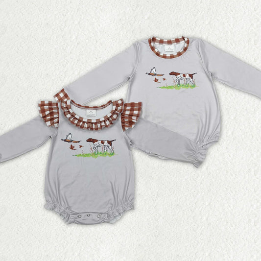12.15 RTS Sibling Boys Baby Infant Girls Grey Dog Duck Hunting Rompers