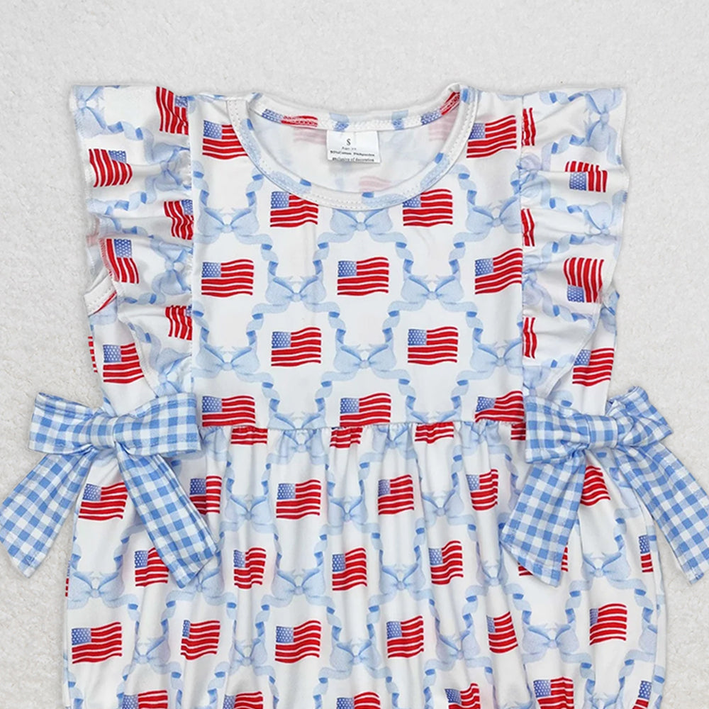 SR2353RTS NO MOQ Baby Girls Summer Rompers Plaid light blue bow flag baby girls 4th of july romper