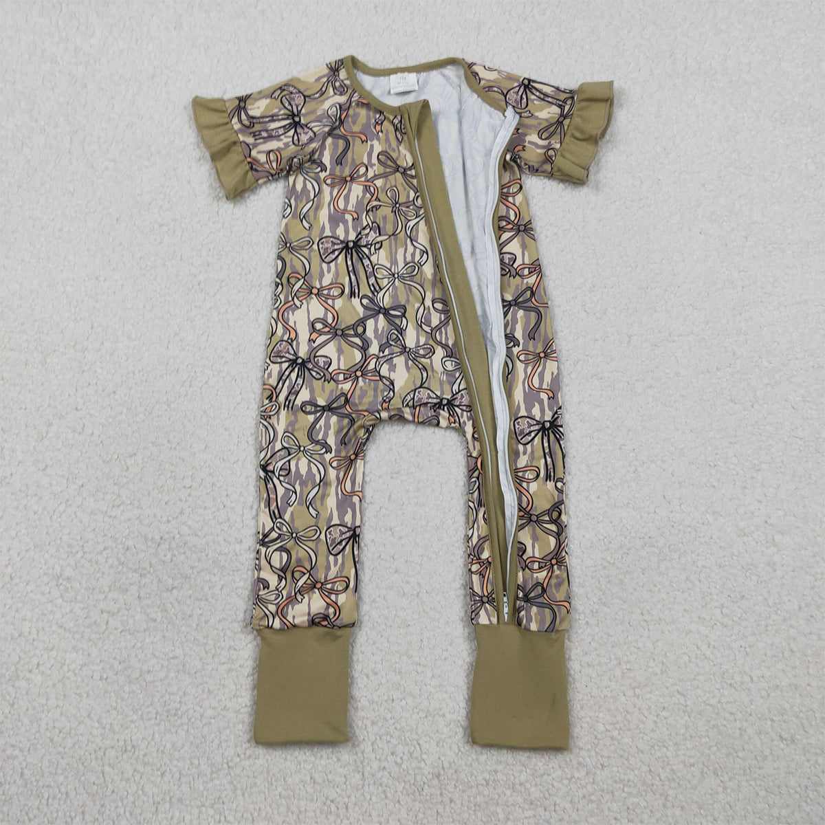 2.3 RTS NO MOQ （In stock）SR3931 Baby Girls Southern Olive Camo Bows Two Way Zip Convertible Rompers
