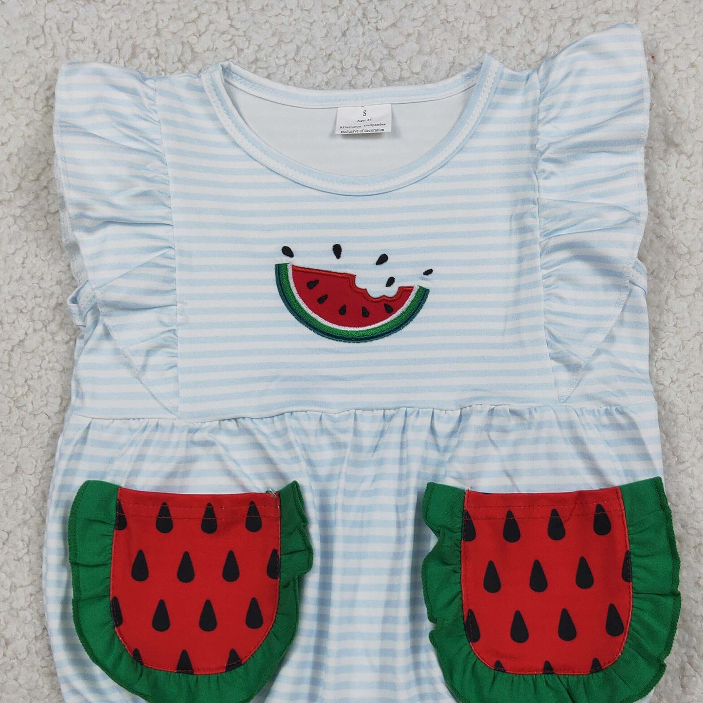 SR4153 RTS NO MOQ （In stock）Embroidery Watermelon Baby Girls Flutter Sleeve Blue Stripe Pockets Ruffle Romper