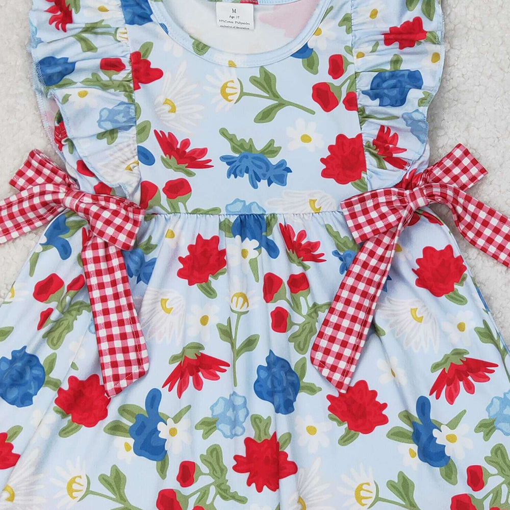 4.25 GSSO1930  RTS NO MOQ Red blue floral tunic plaid shorts girls 4th of july outfits