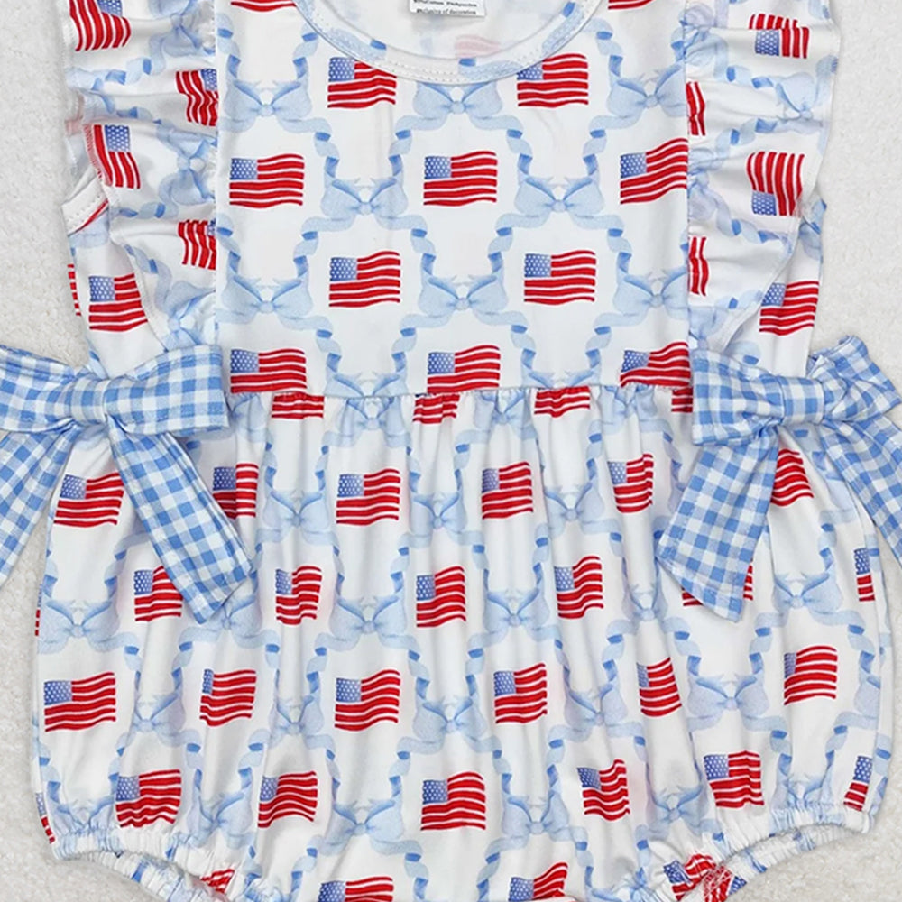 SR2353RTS NO MOQ Baby Girls Summer Rompers Plaid light blue bow flag baby girls 4th of july romper