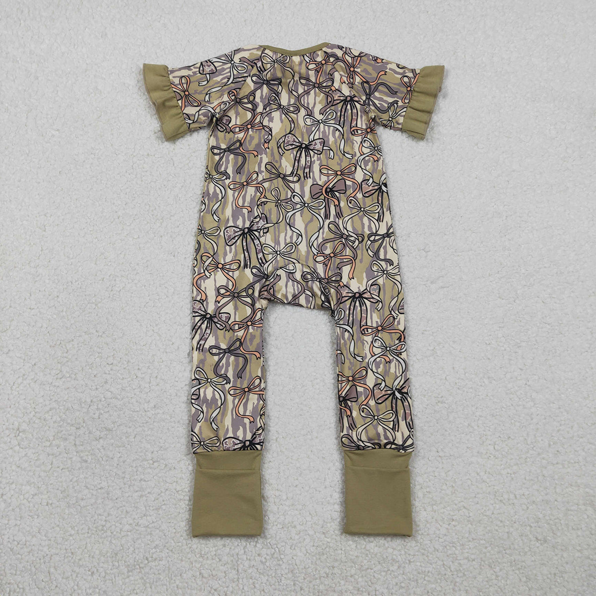 2.3 RTS NO MOQ （In stock）SR3931 Baby Girls Southern Olive Camo Bows Two Way Zip Convertible Rompers