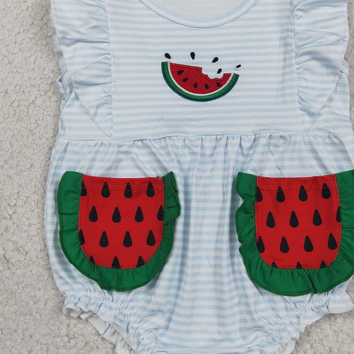 SR4153 RTS NO MOQ （In stock）Embroidery Watermelon Baby Girls Flutter Sleeve Blue Stripe Pockets Ruffle Romper