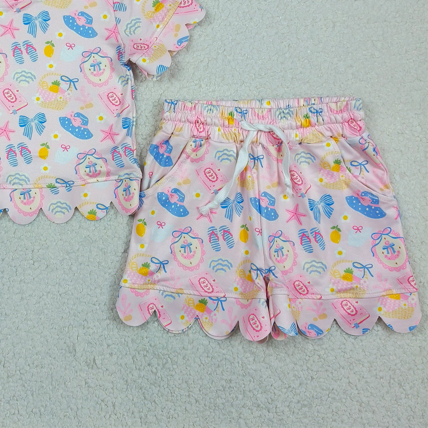 GSSO3657 RTS NO MOQ （In stock ）Anchor bow starfish scallop kids girls summer outfits