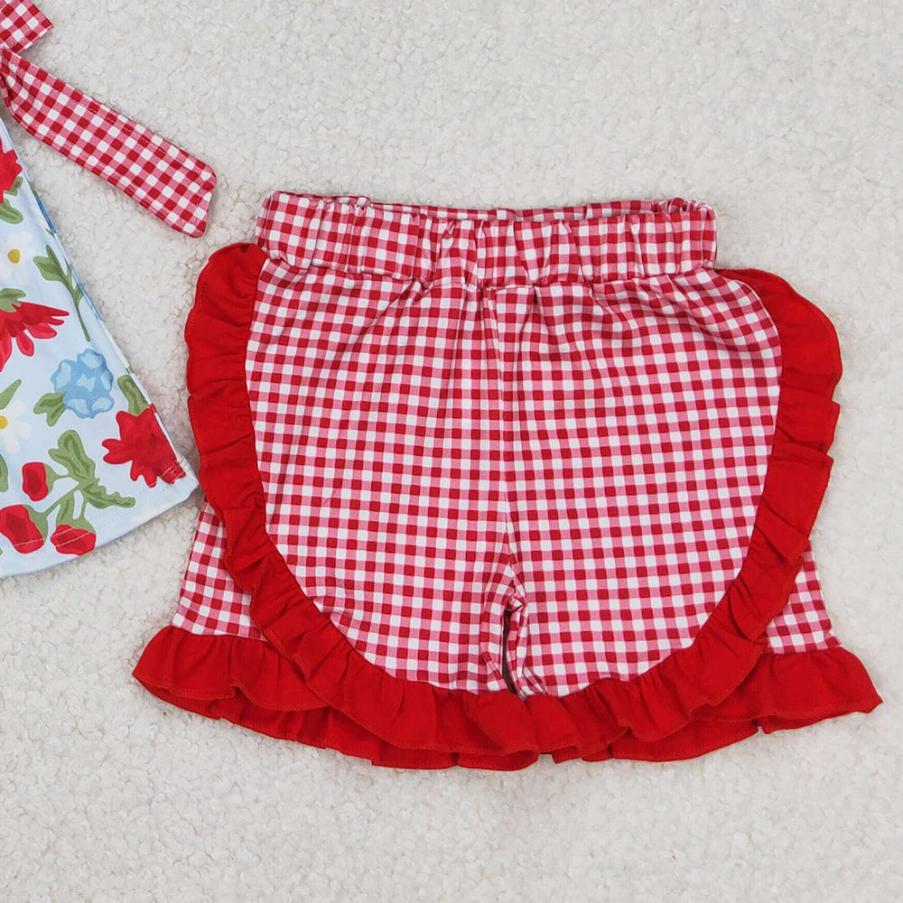 4.25 GSSO1930  RTS NO MOQ Red blue floral tunic plaid shorts girls 4th of july outfits