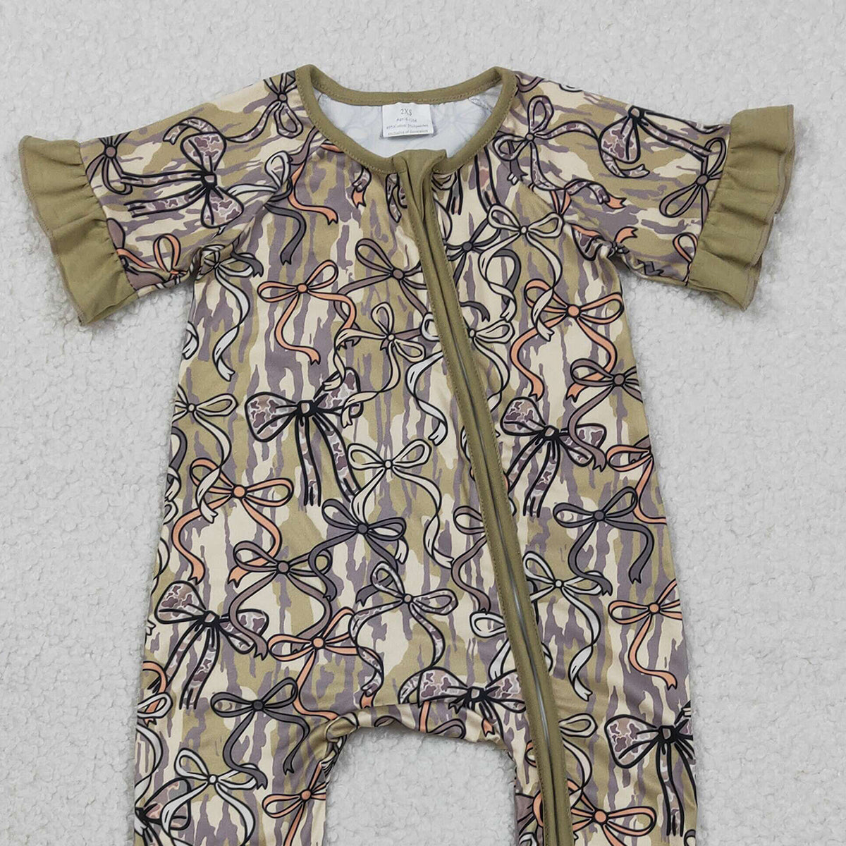 2.3 RTS NO MOQ （In stock）SR3931 Baby Girls Southern Olive Camo Bows Two Way Zip Convertible Rompers