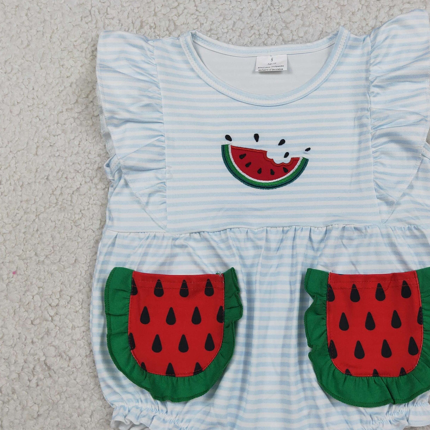 SR4153 RTS NO MOQ （In stock）Embroidery Watermelon Baby Girls Flutter Sleeve Blue Stripe Pockets Ruffle Romper