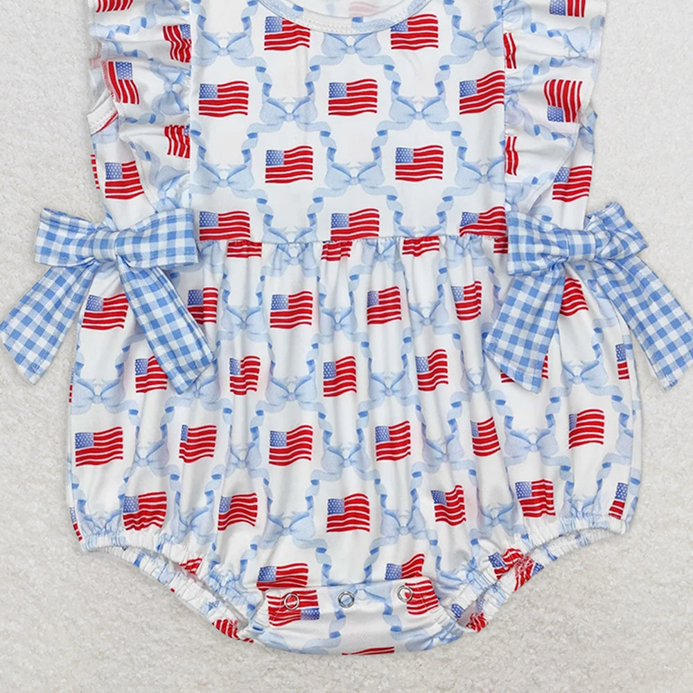 SR2353RTS NO MOQ Baby Girls Summer Rompers Plaid light blue bow flag baby girls 4th of july romper