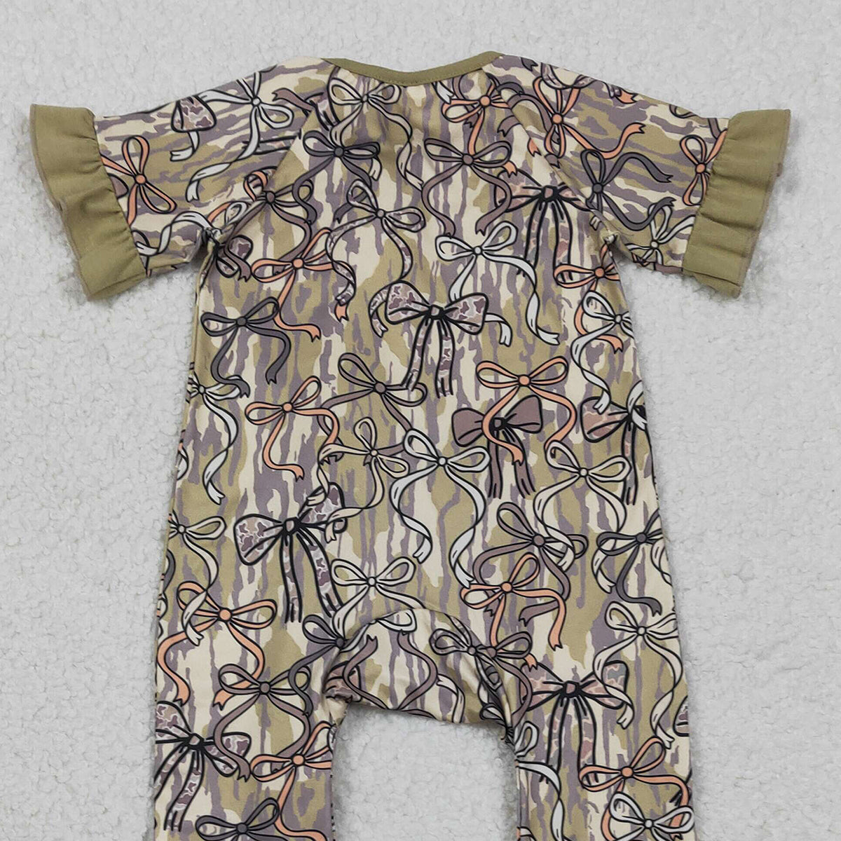 2.3 RTS NO MOQ （In stock）SR3931 Baby Girls Southern Olive Camo Bows Two Way Zip Convertible Rompers