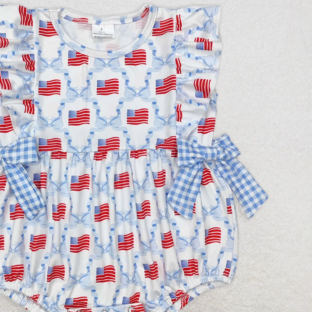 SR2353 RTS NO MOQ Baby Girls Summer Rompers girls plaid light blue bow flag 4th of july romper