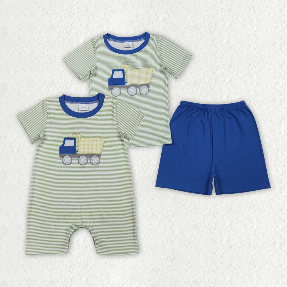 3.26 RTS Sibling Baby Boys Embroidery Tractors Stripe Top Short Clothes Set Rompers