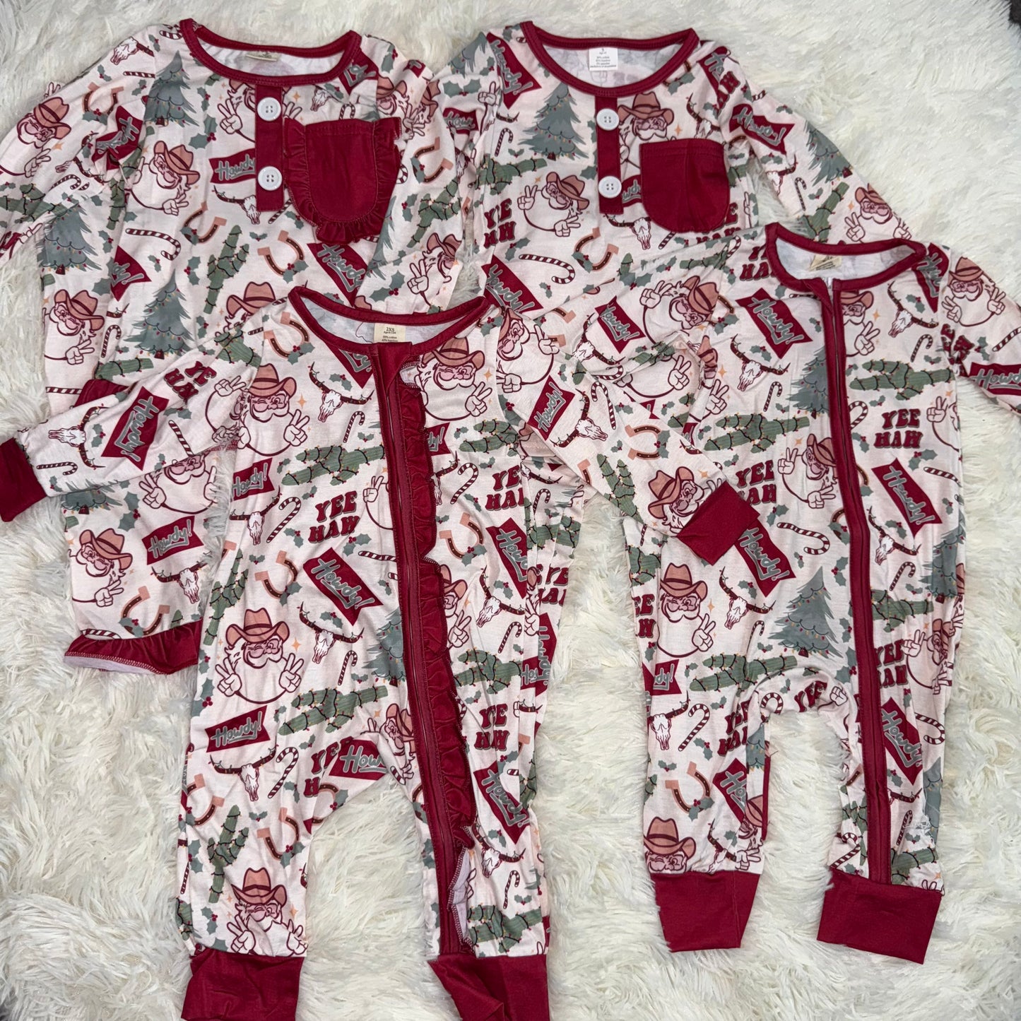 11.11 RTS Sibling Boys Girls Christmas Western Santa Cactus Bamboo Rompers Pajamas