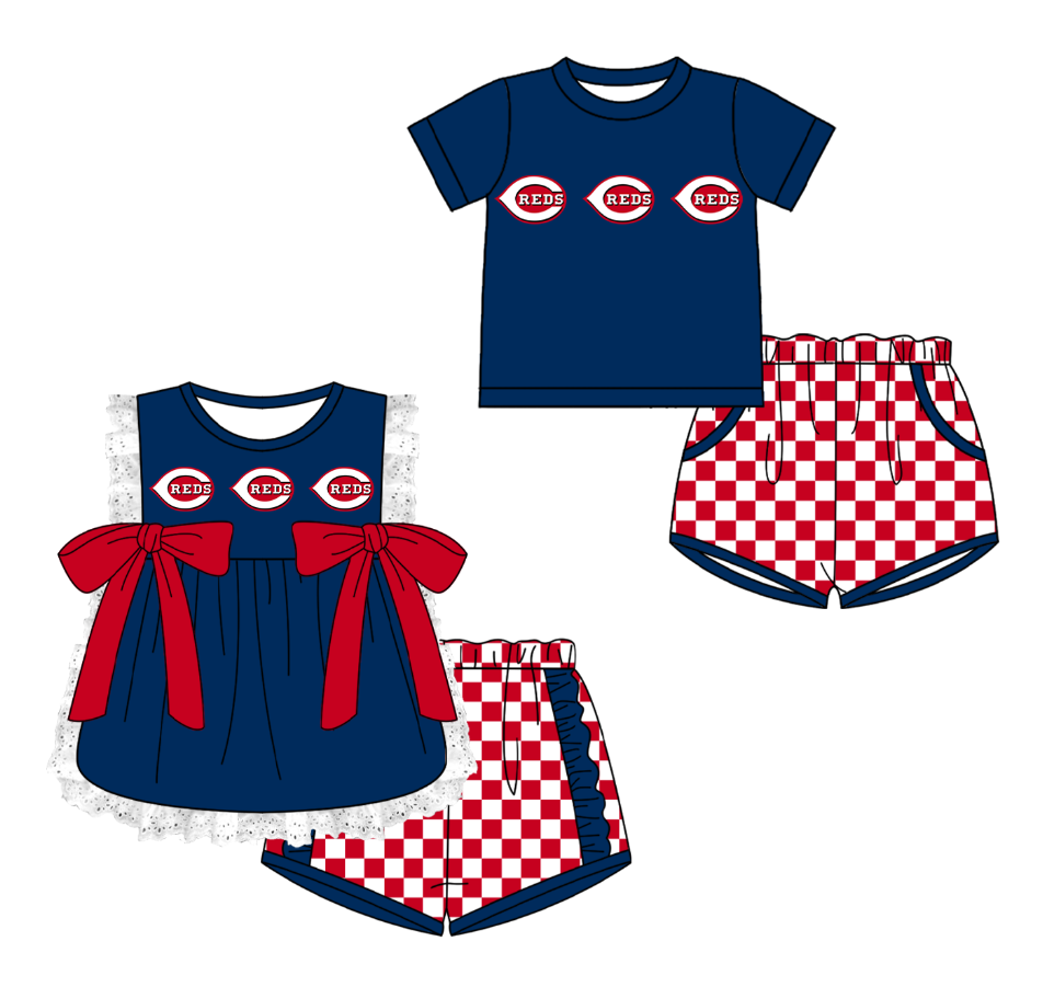 CUSTOM MOQ 5 Cute Comfortable Clothing For Kids Sibling Boys Baby Girls Summer Dark Blue Bow Top Red Checked Shorts Team Clothes Sets