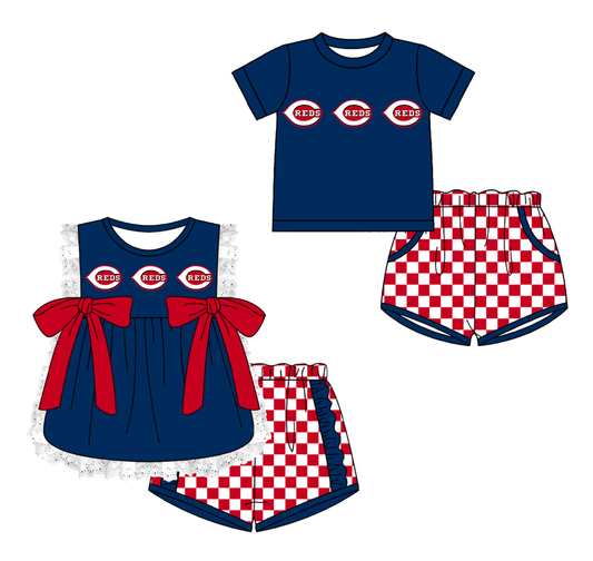 CUSTOM MOQ 5 Cute Comfortable Clothing For Kids Sibling Boys Baby Girls Summer Dark Blue Bow Top Red Checked Shorts Team Clothes Sets