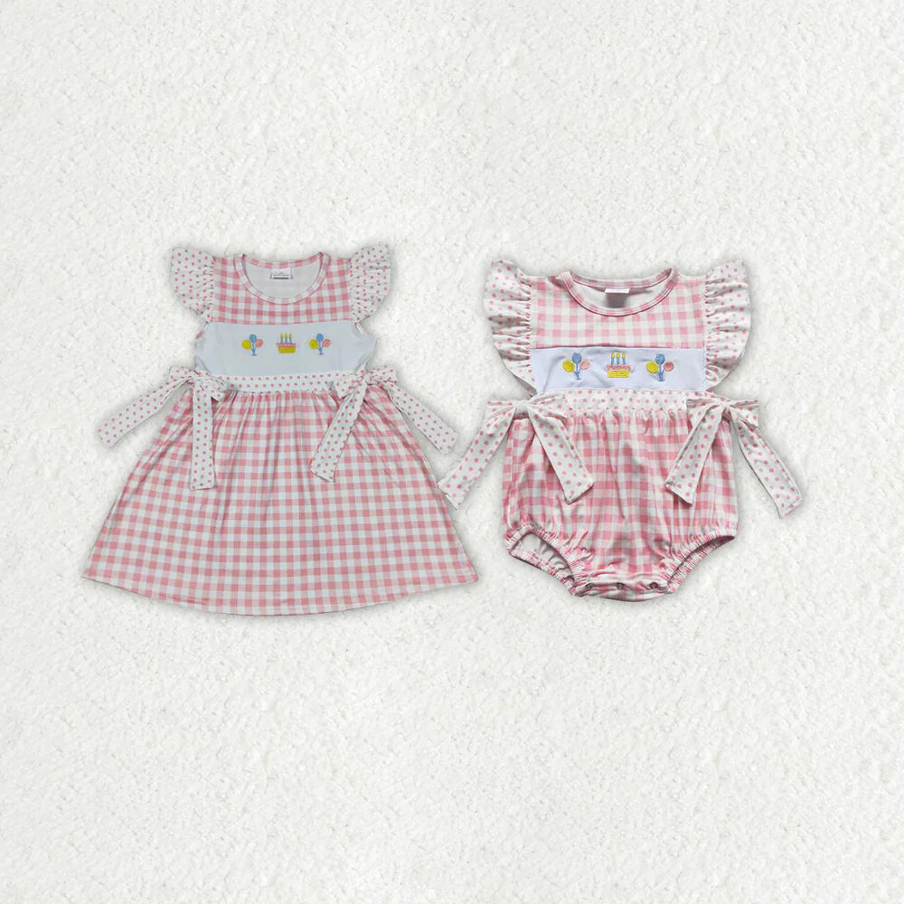 1.13 RTS Sibling Baby Girls Birthday Flutter Sleeve Bows Rompers Dresses