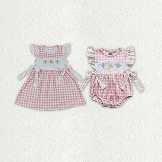 1.13 RTS Sibling Baby Girls Birthday Flutter Sleeve Bows Rompers Dresses