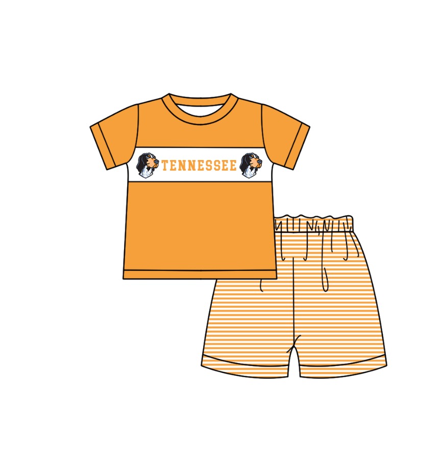 CUSTOM MOQ 5 Sibling Boys Baby Girls Orange Color Stripe Top Ruffles Shorts Clothes Set Knee Length Dress Rompers