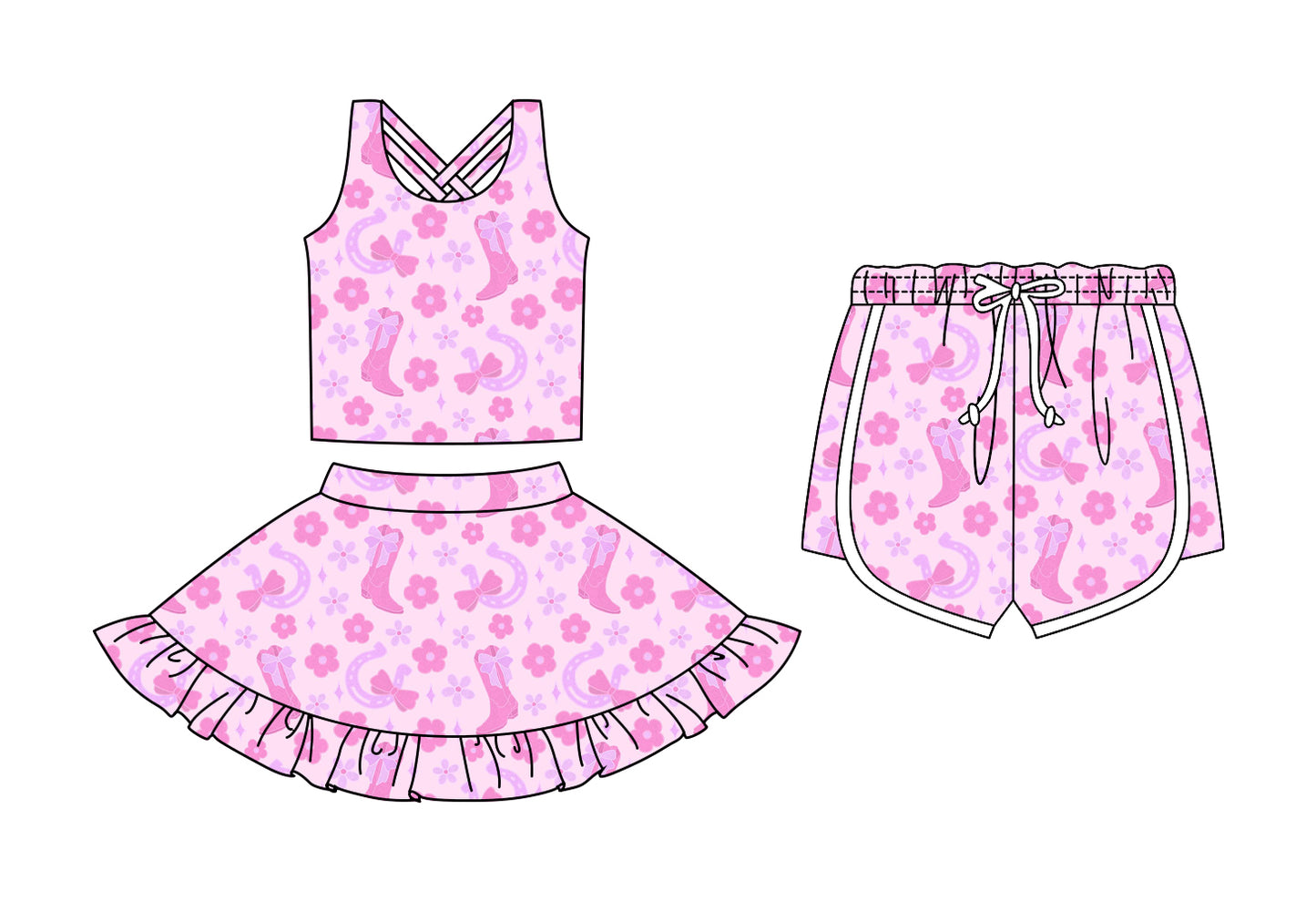CUSTOM MOQ 5 Sibling Baby Girls Sleeveless Pink Flowers Boots Skirt Bottom Shorts Yoga Active Clothes Sets
