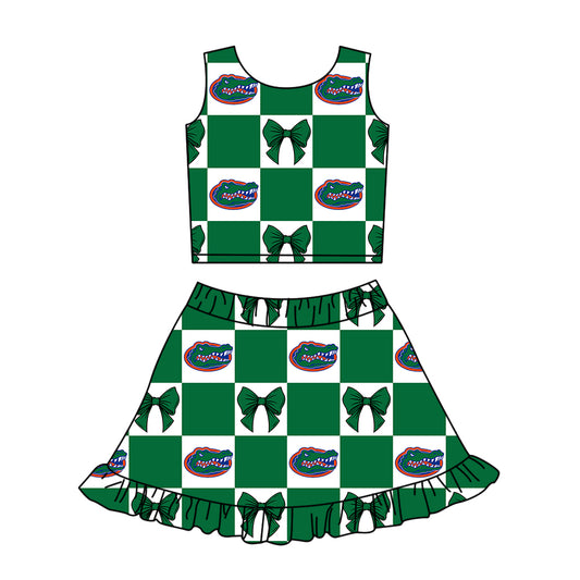 CUSTOM MOQ 5 Kids Clothing for Girls Baby Girls Green Bow Plaid Top Skirts Yoga Active Team Clothes Sets