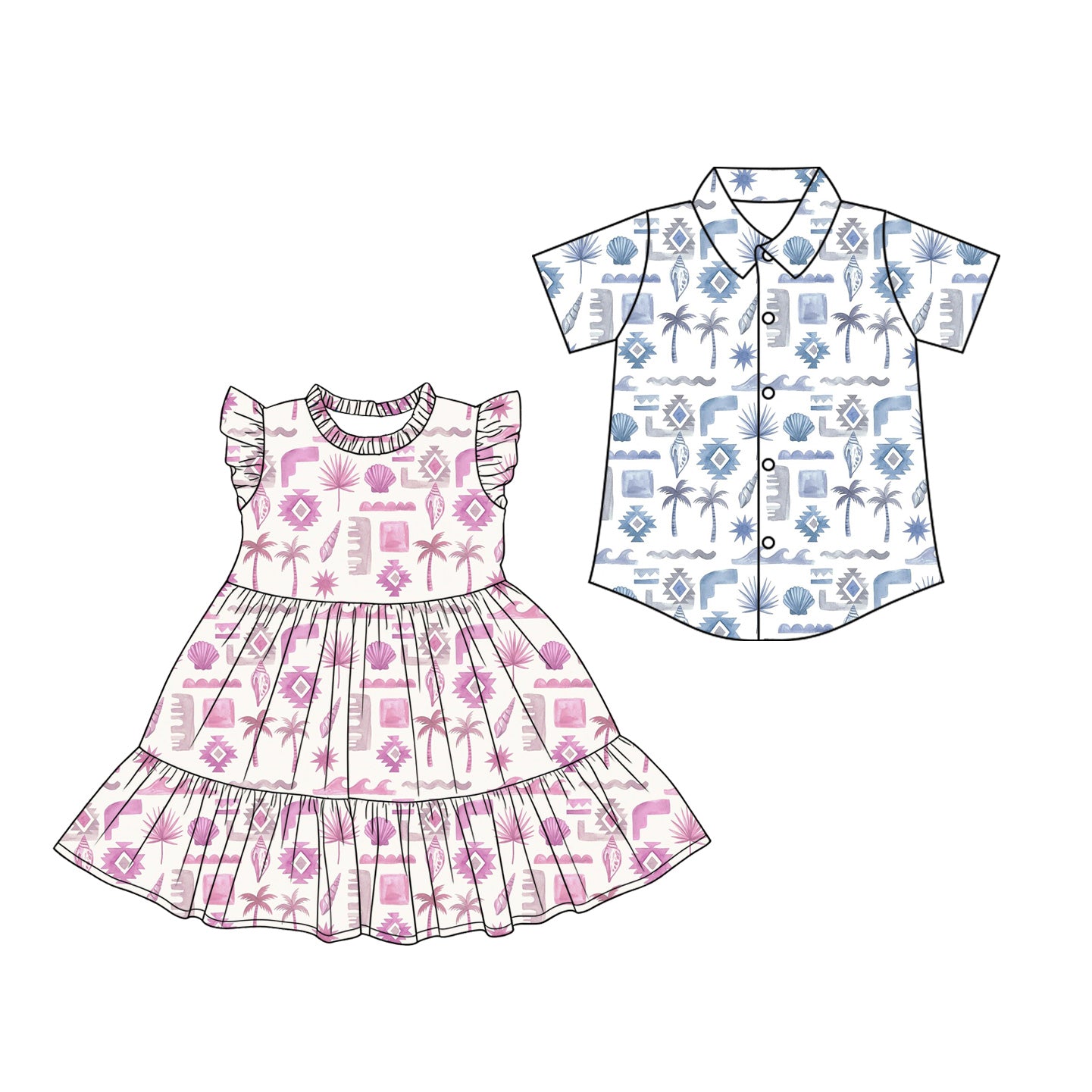 CUSTOM MOQ 5 Sibling Baby Girls Sleeveless Beach  Knee Length Dress Short Sleeve Buttons Tee Shirt Tops Clothes