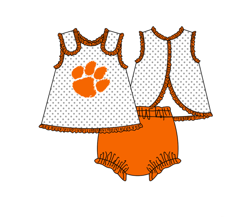 CUSTOM MOQ 5 Sibling Boys Baby Girls Orange Top Shorts Clothes Set Knee Length Dress Rompers