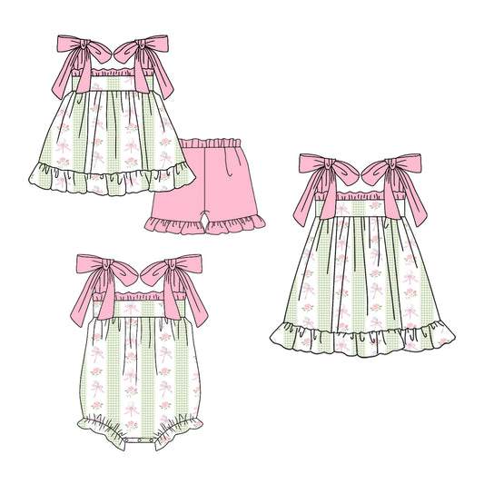 CUSTOM MOQ 5 Sibling Baby Girls Pink Flowers Sleeveless Tunic Ruffle Shorts Clothes Set Knee Length Dress Rompers