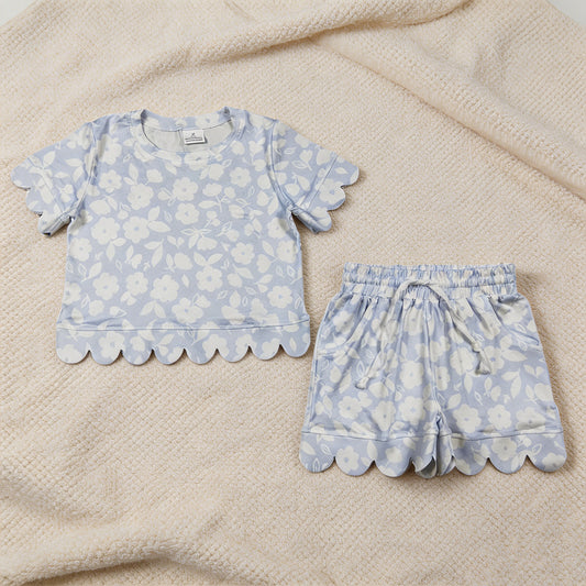 GSSO3730 RTS NO MOQ （In stock ）Short sleeves floral scallop pullover shorts girls outfits