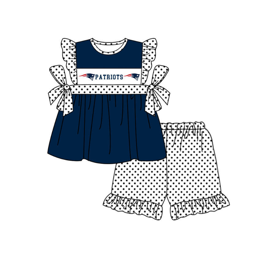 CUSTOM MOQ 5 Sibling Baby Kids Dark Blue Top Shorts Clothes Set Knee Length Dress Rompers