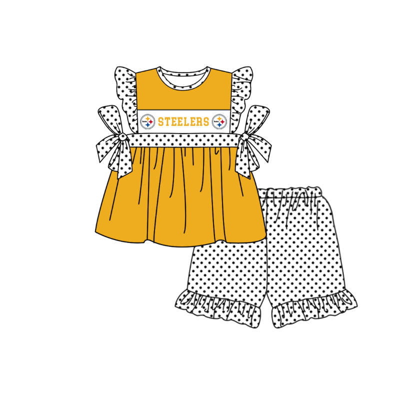 CUSTOM MOQ 5 Sibling Baby Kids Yellow Polka Dots Top Shorts Clothes Set Knee Length Dress Rompers