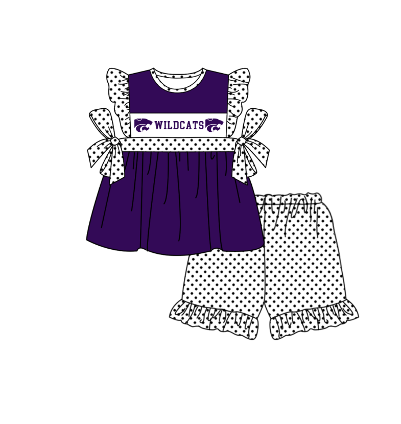 CUSTOM MOQ 5 Sibling Baby Kids Purple Polka Dots Top Shorts Clothes Set Knee Length Dress Rompers