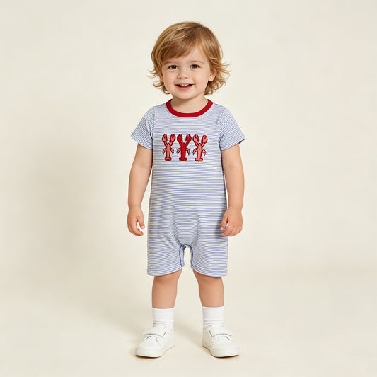 SR4007 RTS NO MOQ （In stock）Short sleeves stripe crawfish baby boy summer romper