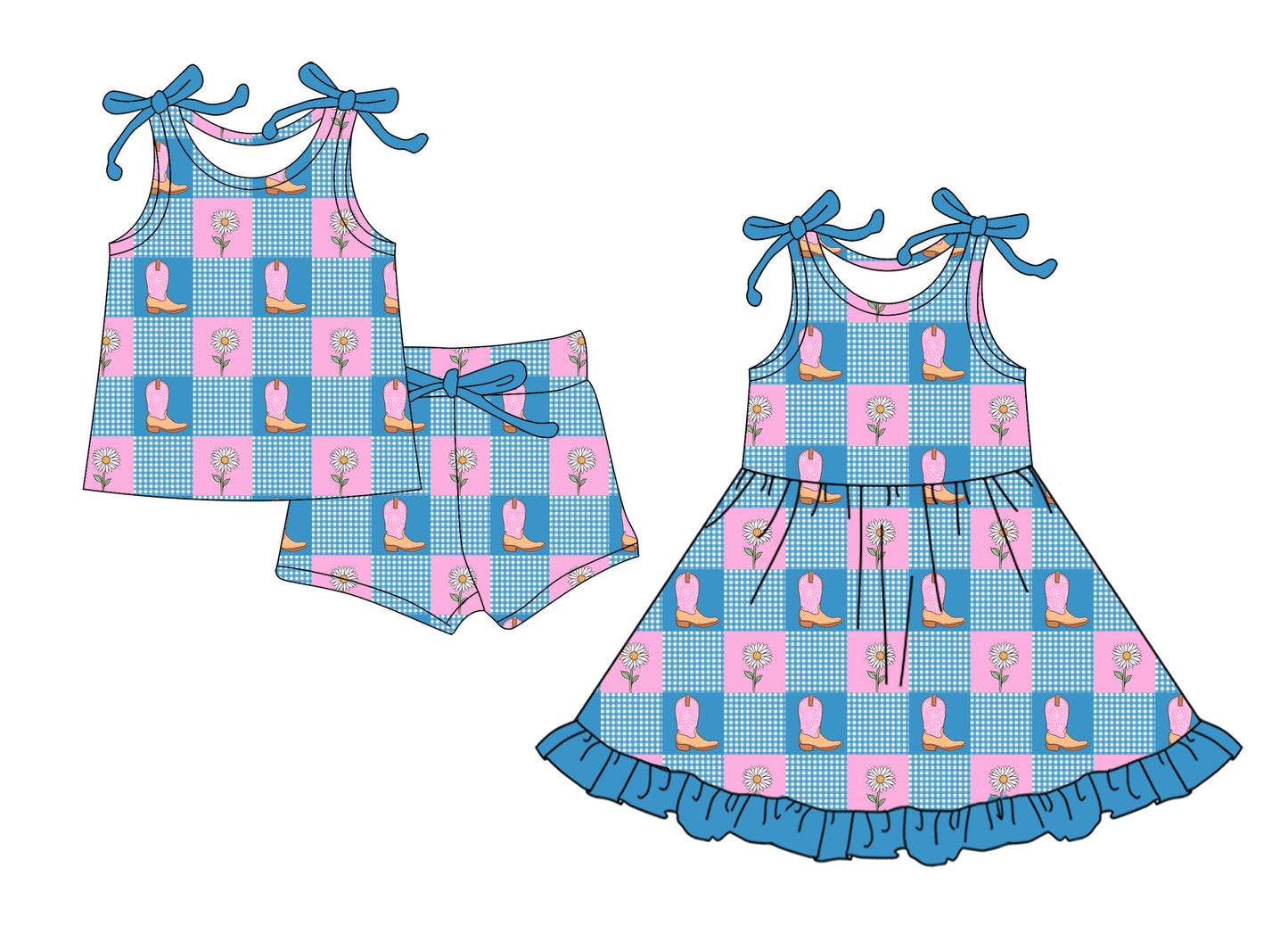 CUSTOM MOQ 5 Sibling Baby Girls Sleeveless Blue Boots Shorts Knee Length Dress Clothes Sets
