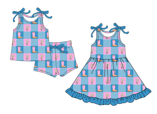 CUSTOM MOQ 5 Sibling Baby Girls Sleeveless Blue Boots Shorts Knee Length Dress Clothes Sets