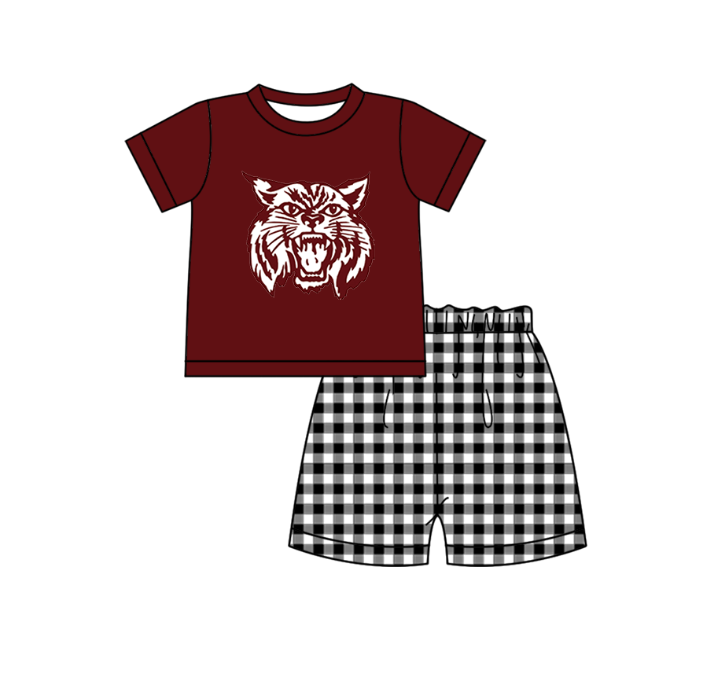 3.6 CUSTOM MOQ 5 Sibling Boys Baby Girls Dark Red Cat Checked Top Shorts Clothes Set Knee Length Dress Rompers