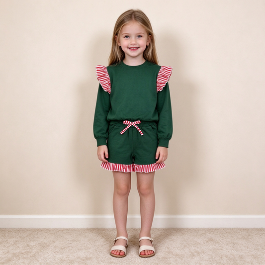 RTS NO MOQ （In stock）cotton GLS0223（GT1850+SS1002）Baby Girls Green Red Stripe Flutter Sleeve Top Pockets Ruffle Short Set