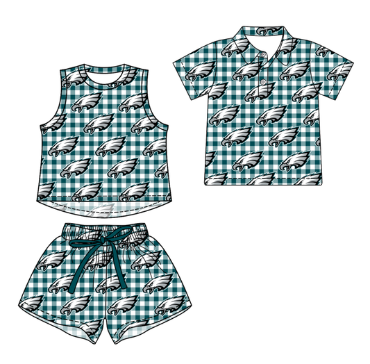 3.17 CUSTOM MOQ 5 Sibling Boys Baby Girls Summer Fashion Green Check Sleeveless Top Shorts Button Polo Shirts Team Clothes Sets